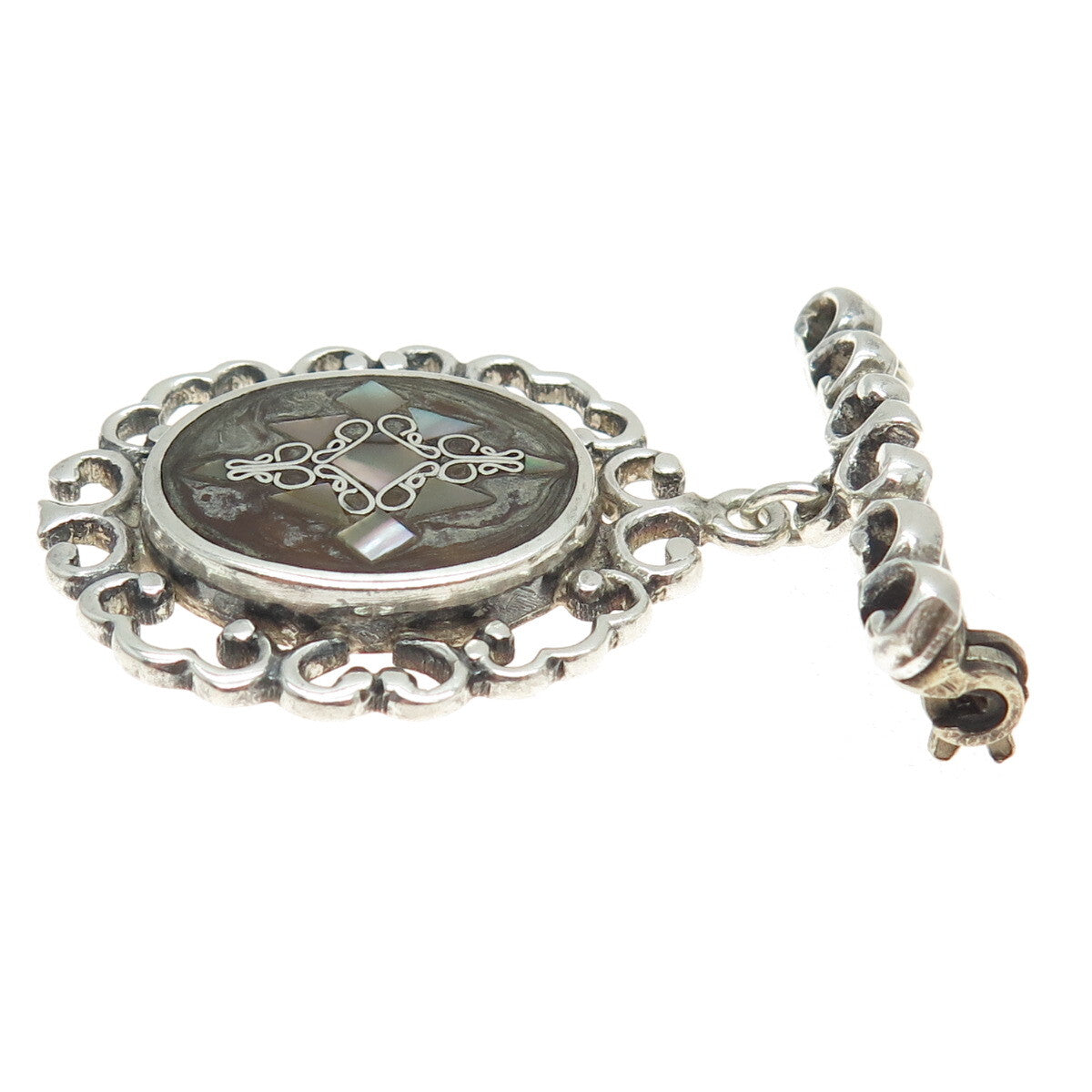 PGG 925 Sterling Silver Vintage Mexico Real Abalone Shell Ornate Pin Brooch