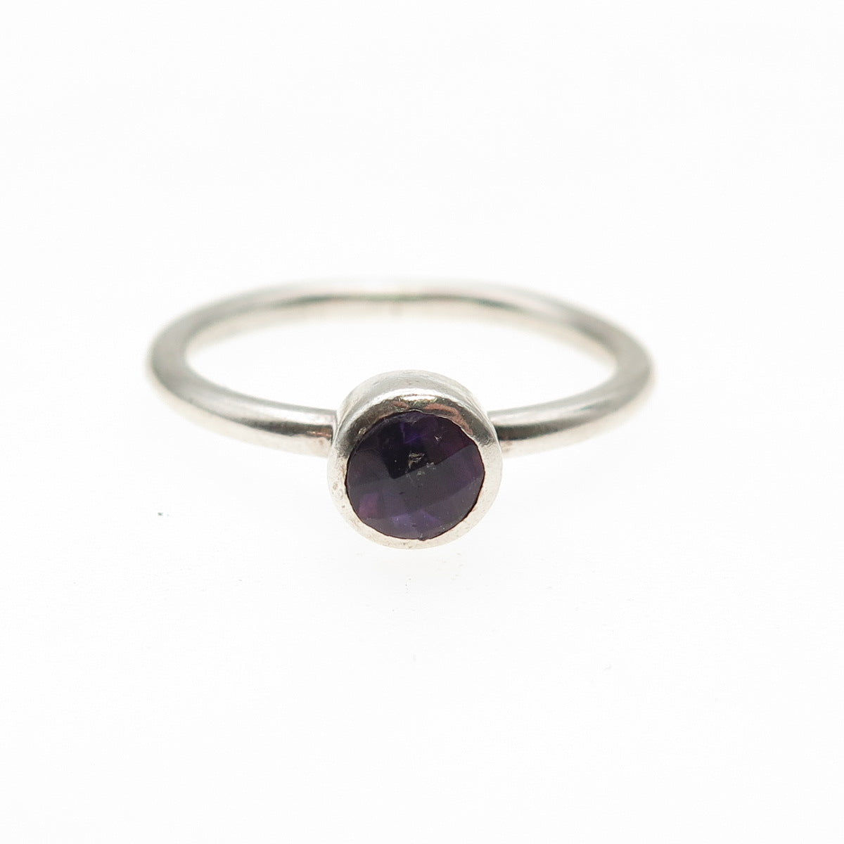925 Sterling Silver Vintage Real Round-Cut Amethyst Modernist Ring Size 8
