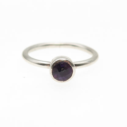 925 Sterling Silver Vintage Real Round-Cut Amethyst Modernist Ring Size 8