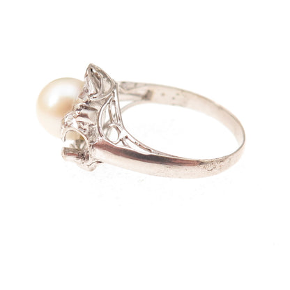 925 Sterling Silver Antique Art Deco Real Pearl Ring Size 5.5