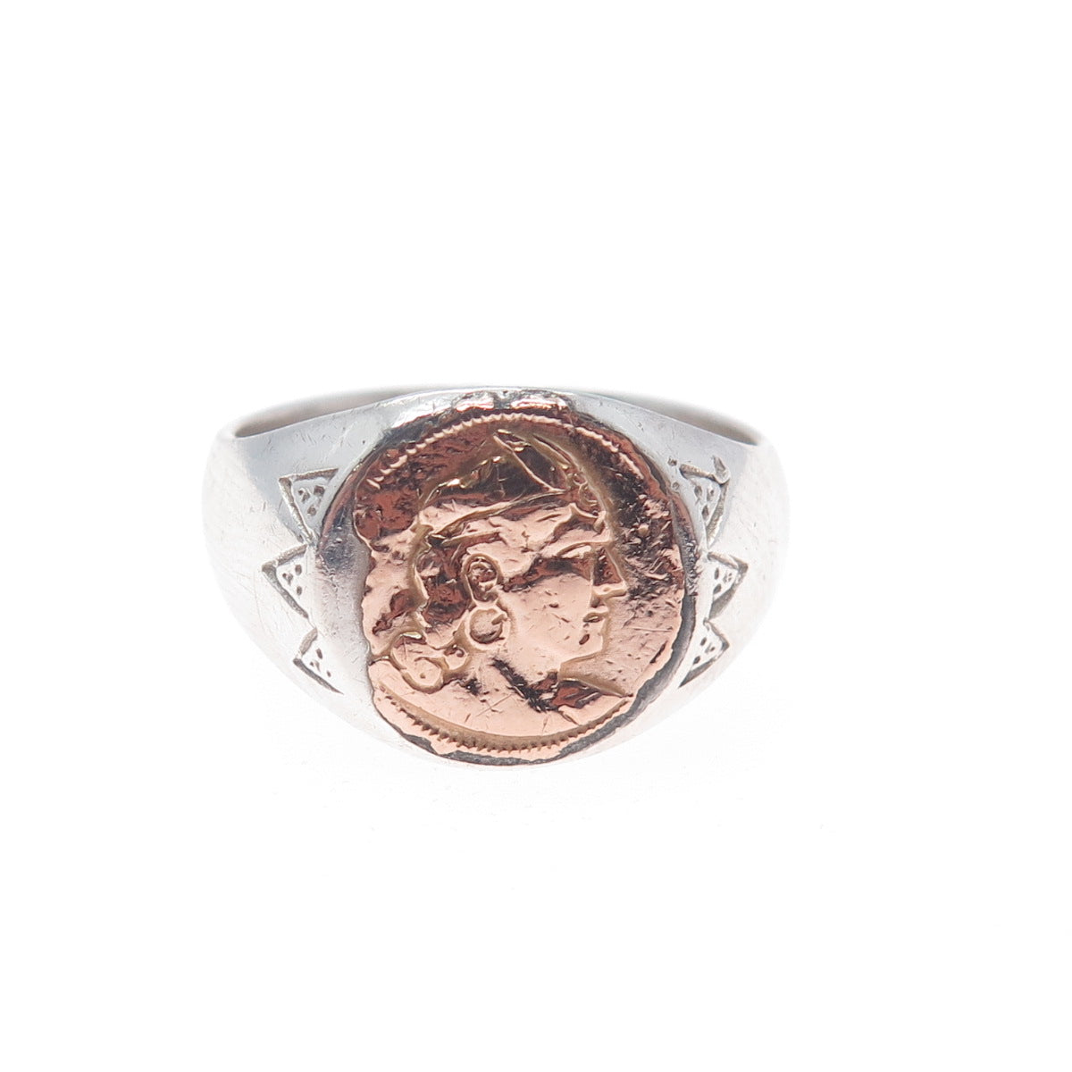 18K Gold 925 Sterling Silver Vintage Indian Chief Signet Ring Size 8