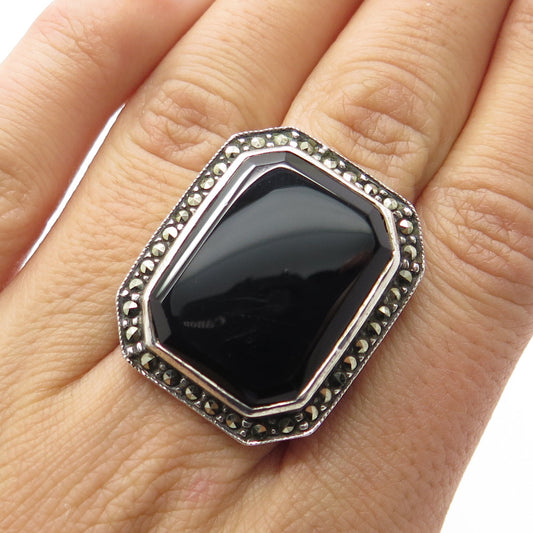 CLARK & COOMBS 925 Sterling Silver Vintage Black Onyx Marcasite Ring Size 6.5