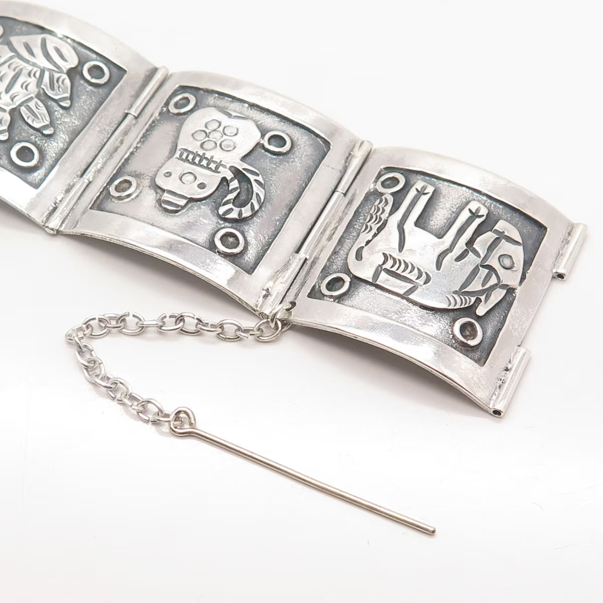 925 Sterling Silver Vintage Mexican Storyteller Wide Panel Link Bracelet 7.25"