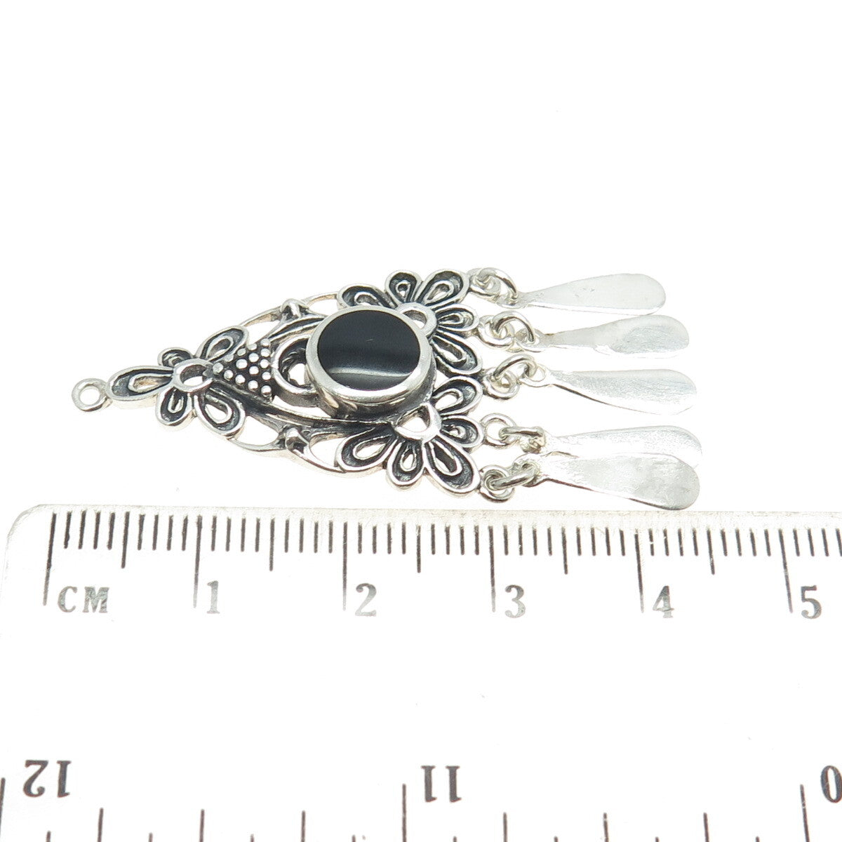 925 Sterling Silver Vintage Real Black Onyx Gemstone Floral Boho Pendant