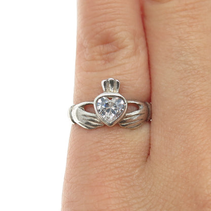 925 Sterling Silver Vintage Heart-Cut Shaped C Z Irish Claddagh Ring Size 4.75
