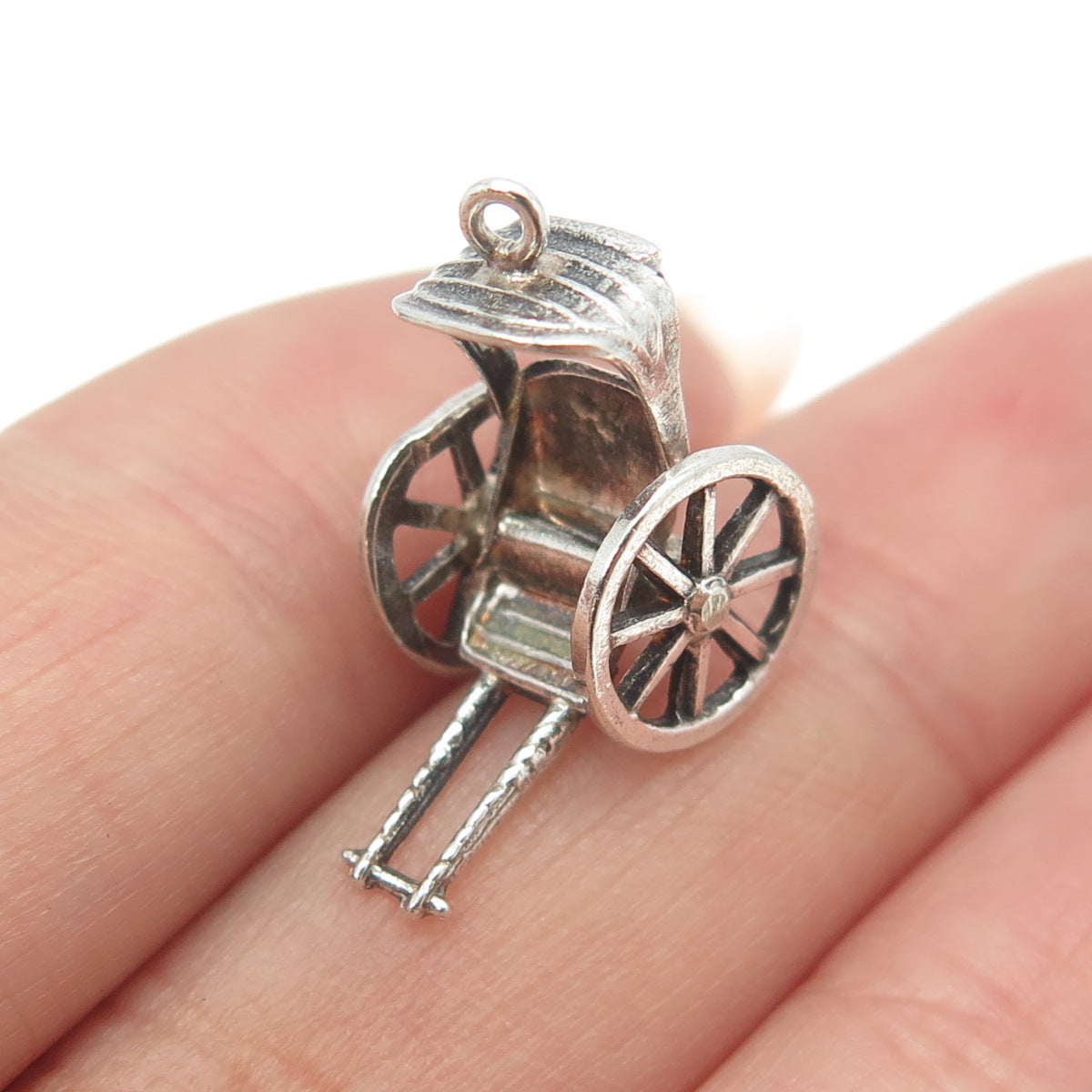 925 Sterling Silver Antique Art Deco Rickshaw Carriage 3D Pendant