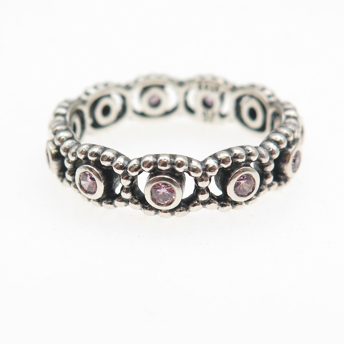 Pandora 925 Sterling Silver Round-Cut Pink C Z Her Majesty Band Ring Size 9