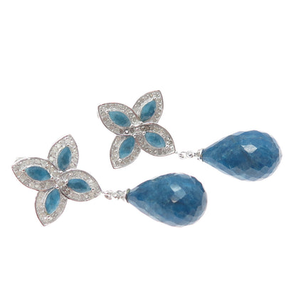 925 Sterling Silver Real Diamond Pear & Marquise-Cut Sapphire Flower Earrings