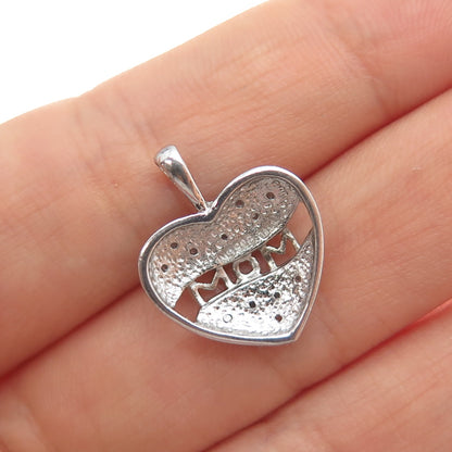 925 Sterling Silver Real Round-Cut Diamond Mom Heart Mini Charm Pendant