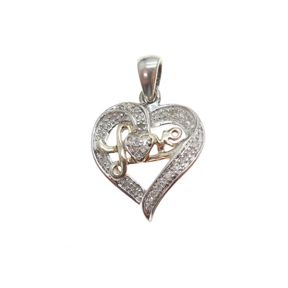 925 Sterling Silver 2-Tone Real Round-Cut Diamond Love Heart Charm Pendant