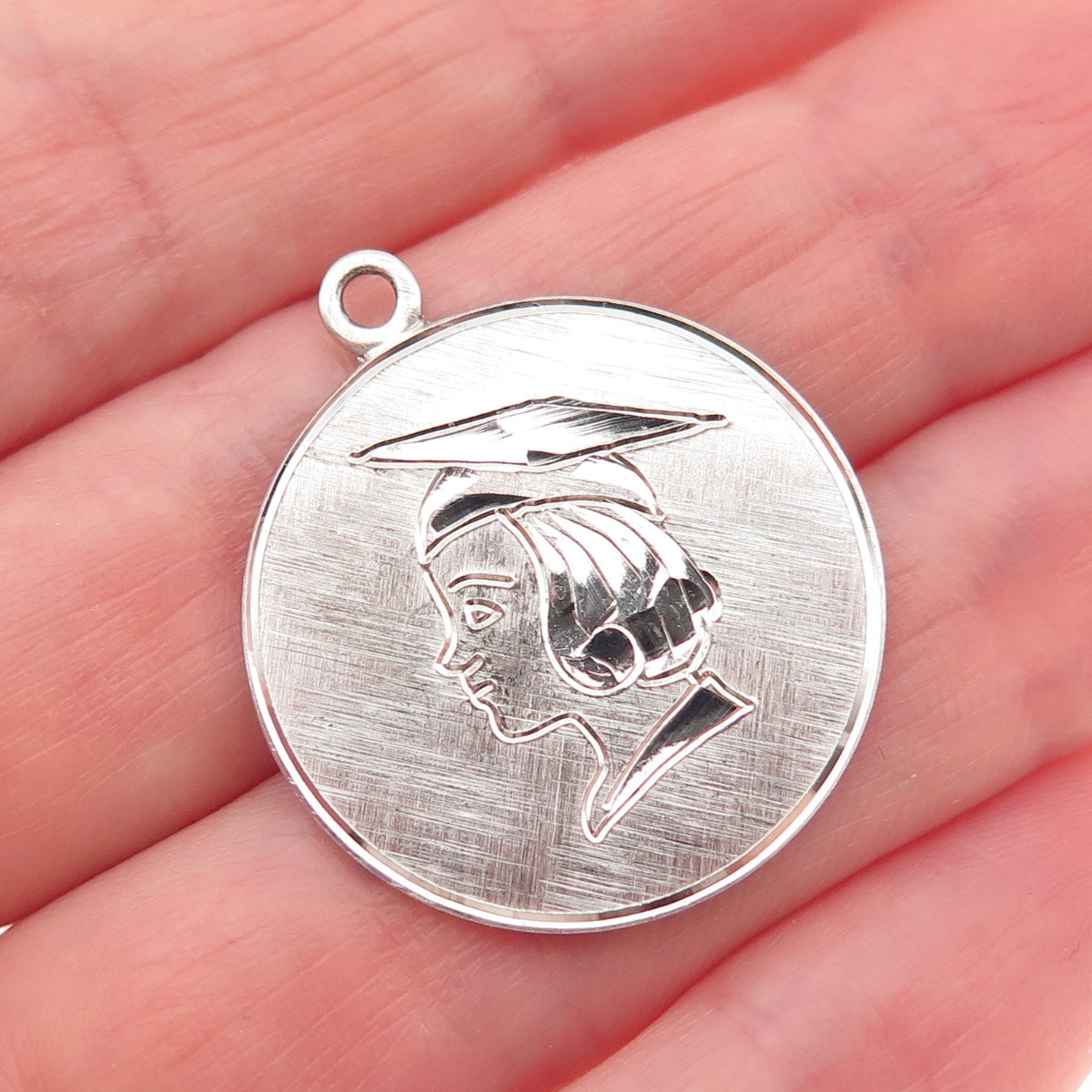 WELLS 925 Sterling Silver Vintage Graduation Girl Tag Charm Pendant