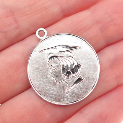WELLS 925 Sterling Silver Vintage Graduation Girl Tag Charm Pendant