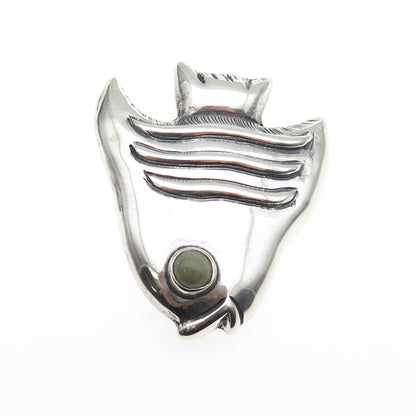 925 Sterling Silver Vintage Mexico Real Aventurine Fish Oxidized Pin Brooch