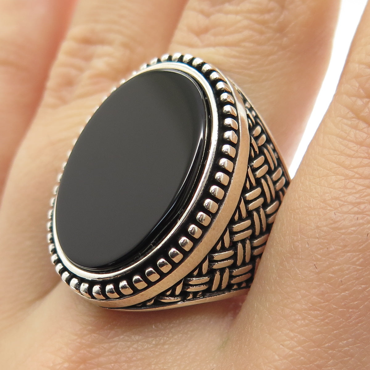 925 Sterling Silver Vintage Real Black Onyx Granulated Oxidized Ring Size 8