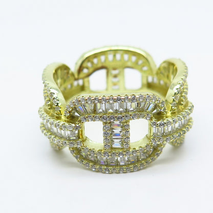 925 Sterling Silver Gold Plated Pave C Z Chain Band Ring Size 10.25