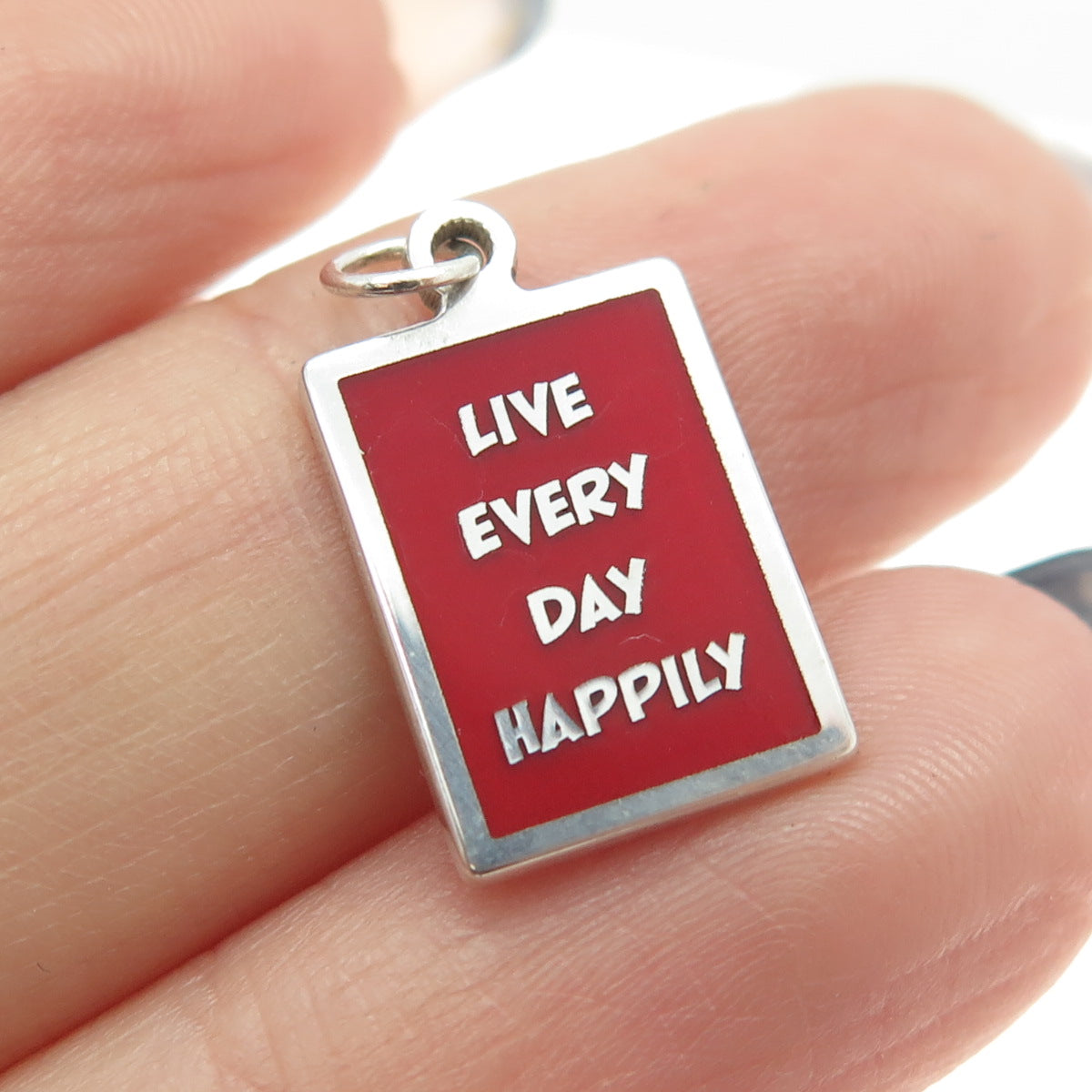 925 Sterling Silver Red Enamel "Live Every Day Happily" Minimalist Charm Pendant