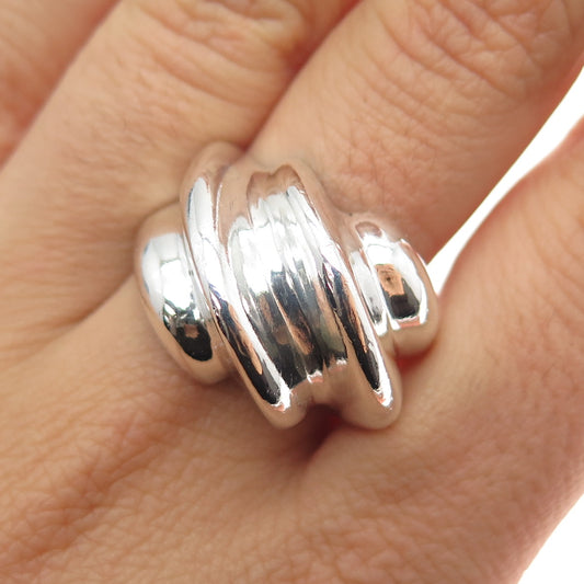 925 Sterling Silver Vintage Modernist Ribbed Dome Ring Size 9