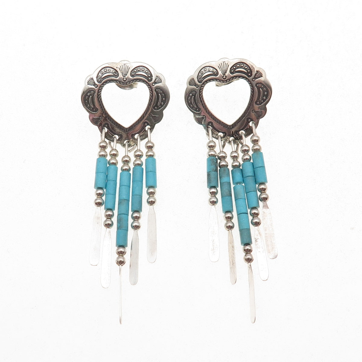 Old Pawn Sterling Silver Vintage Southwestern Turquoise Heart Dangle Earrings