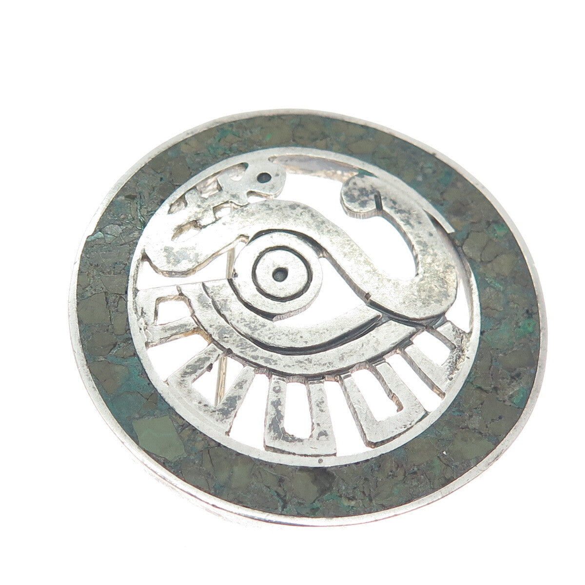 MIGUEL MELENDEZ Sterling Vintage Mexico Turquoise Mayan Symbol Tribal Brooch