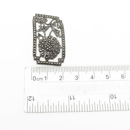 925 Sterling Antique Art Deco Real Marcasite Flower Pin Brooch (missing 1 stone)