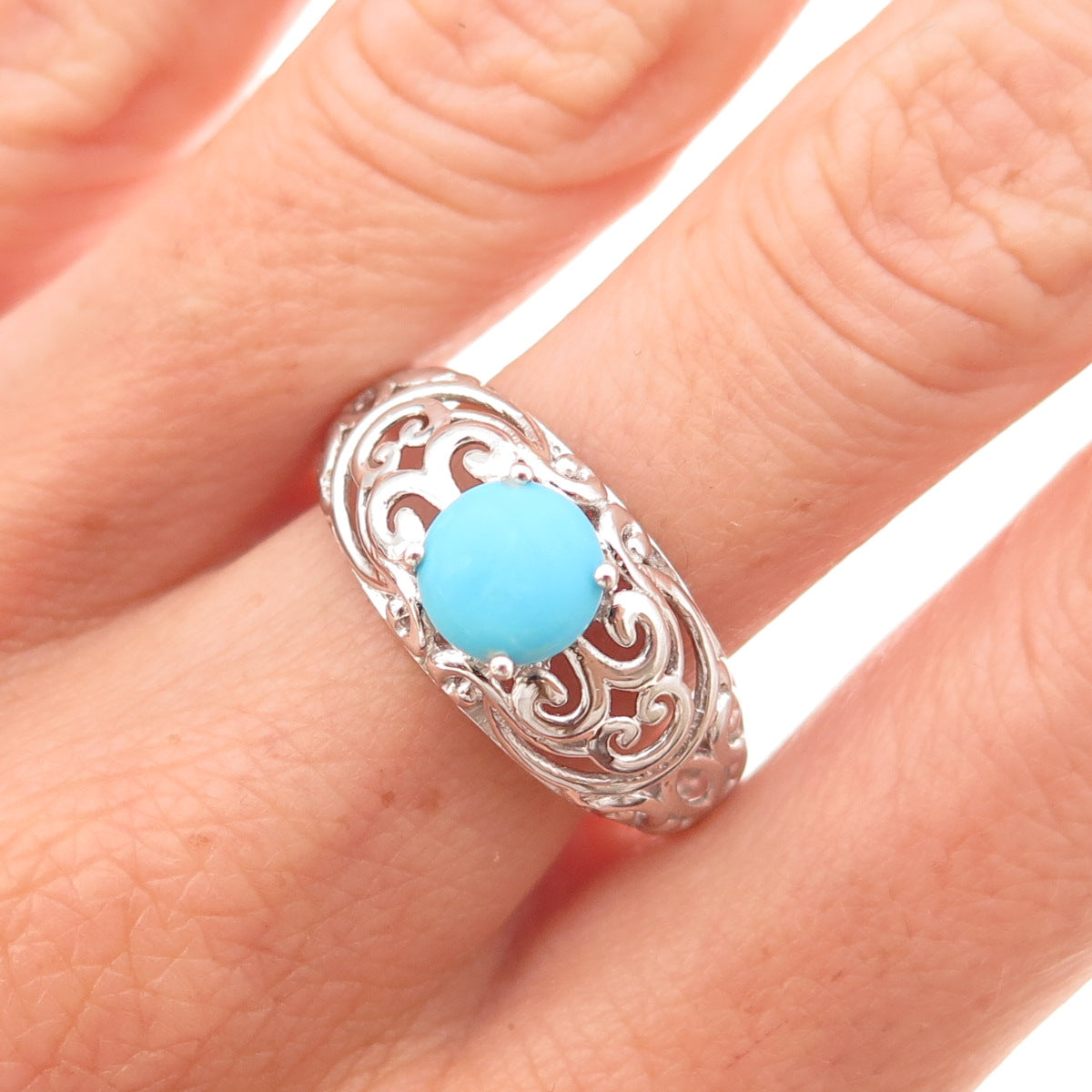 Chuck Clemency 925 Sterling Silver Real Turquoise Floral Scroll Ring Size 9