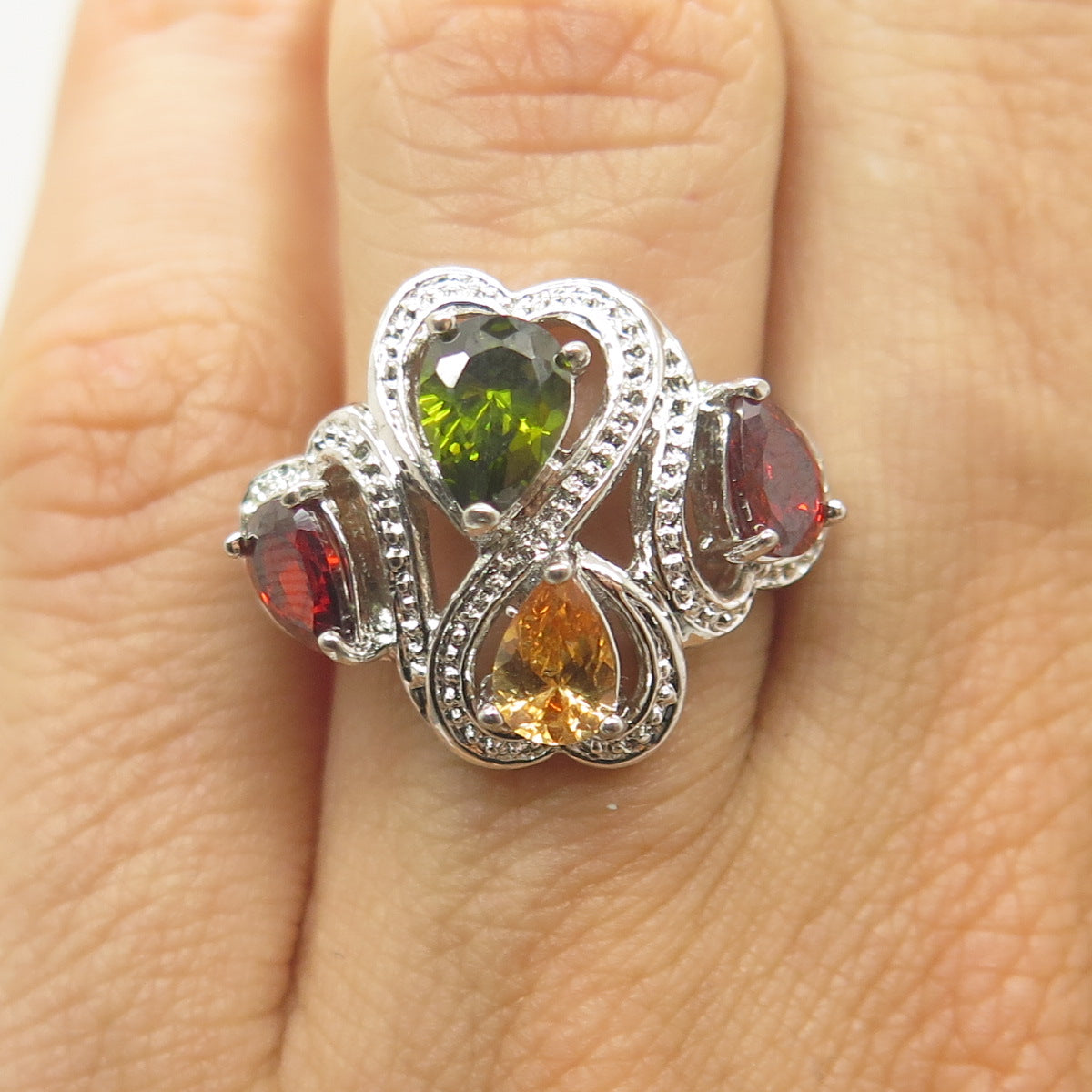 925 Sterling Silver Pear-Cut Multi-Color C Z Infinity Heart Ring Size 6