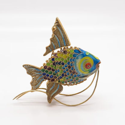925 Sterling Silver Gold Plated Antique Enamel Chinese Koi Fish Articulated Fob