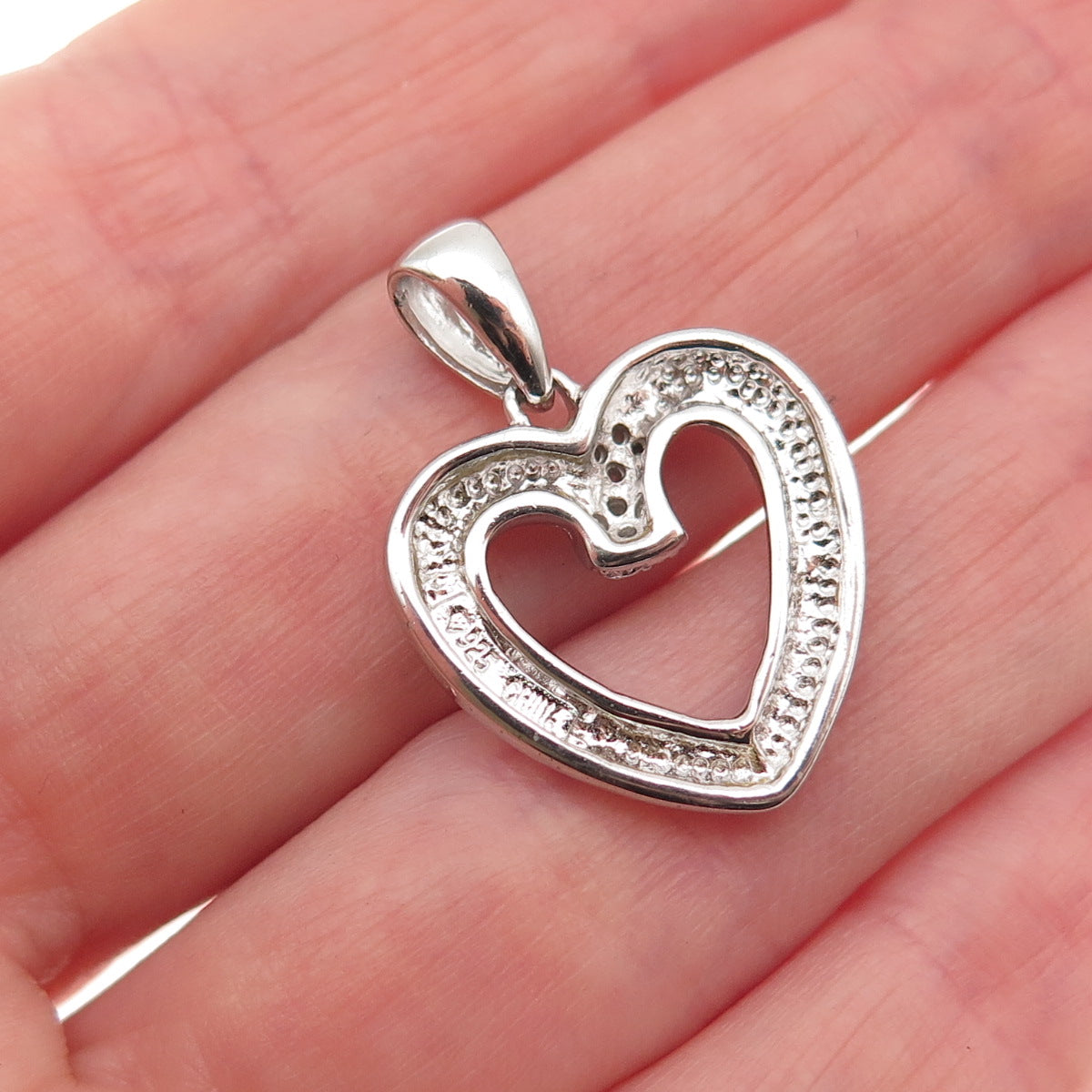 925 Sterling Silver Real Round-Cut Diamond Heart Charm Pendant