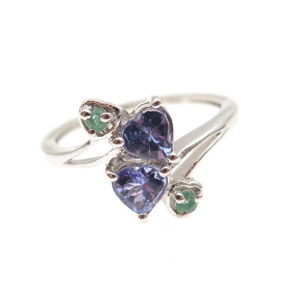 Chuck Clemency 925 Sterling Silver Real Tanzanite & Emerald Heart Ring Size 8
