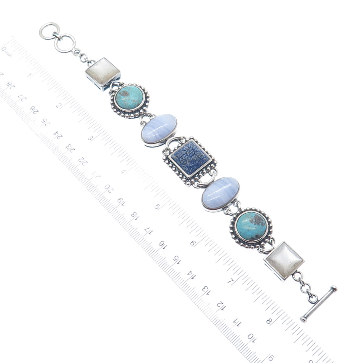 WHITNEY KELLY 925 Sterling Vintage Real Agate Lapis Turquoise MOP Bracelet 7.5"