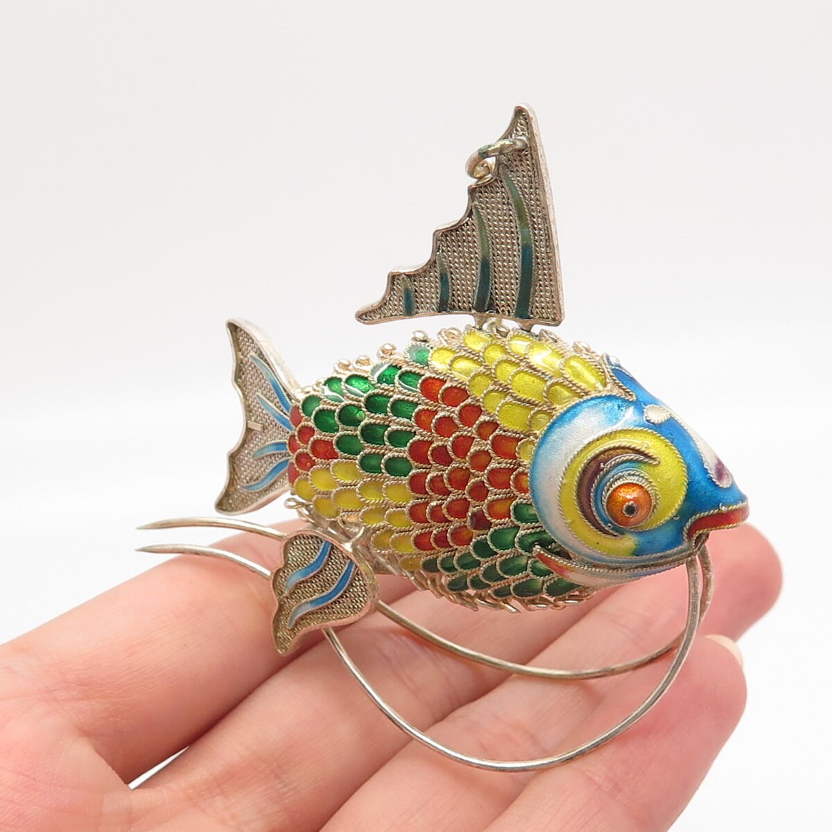 925 Sterling Silver Antique Enamel Articulated Chinese Koi Fish Chatelaine Fob
