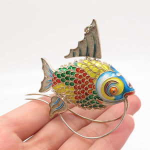 925 Sterling Silver Antique Enamel Articulated Chinese Koi Fish Chatelaine Fob