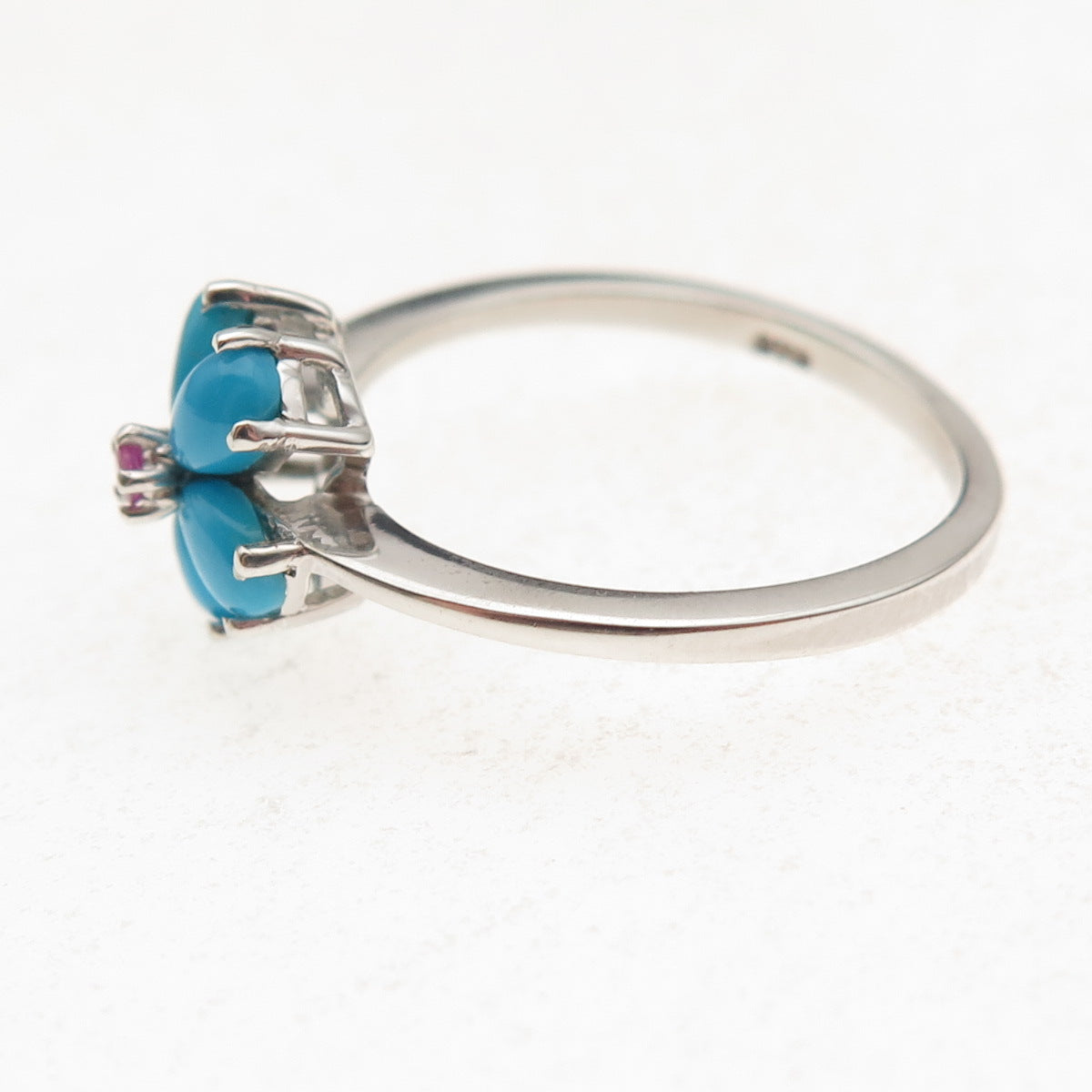 Chuck Clemency 925 Sterling Silver Real Turquoise & Ruby Floral Ring Size 8.25