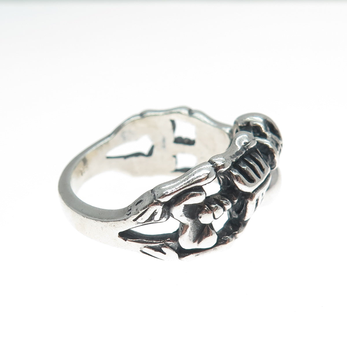 925 Sterling Silver Vintage Skeleton Biker Oxidized Ring Size 12.25