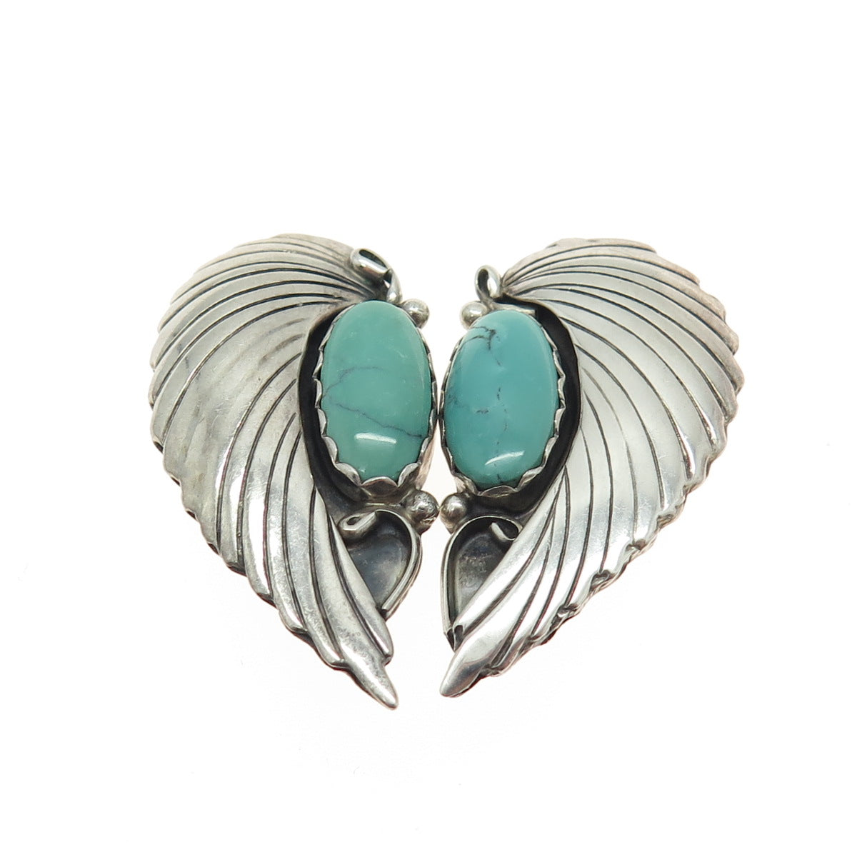 Old Pawn 925 Sterling Silver Vintage Mountain Turquoise Feather Clip On Earrings