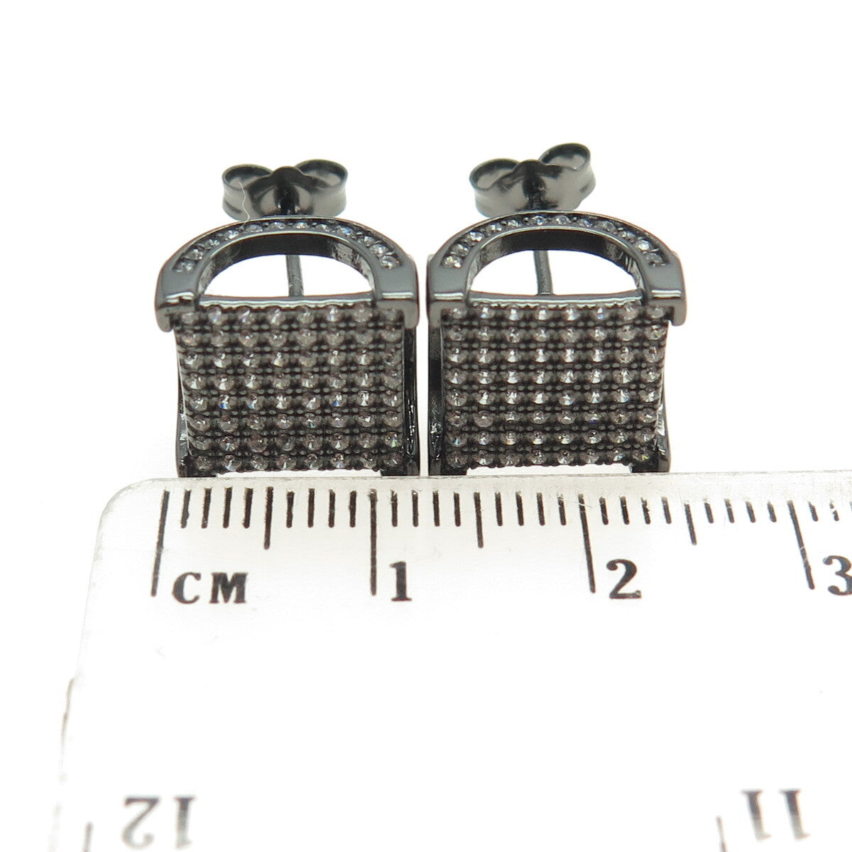 925 Sterling Silver Round-Cut C Z Black Rhodium Stud Earrings