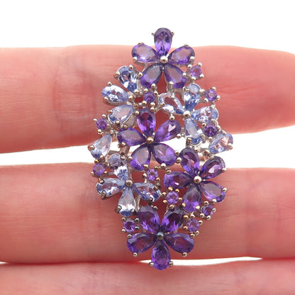 925 Sterling Silver Real Amethyst & Tanzanite Floral Cluster Ring Size 8