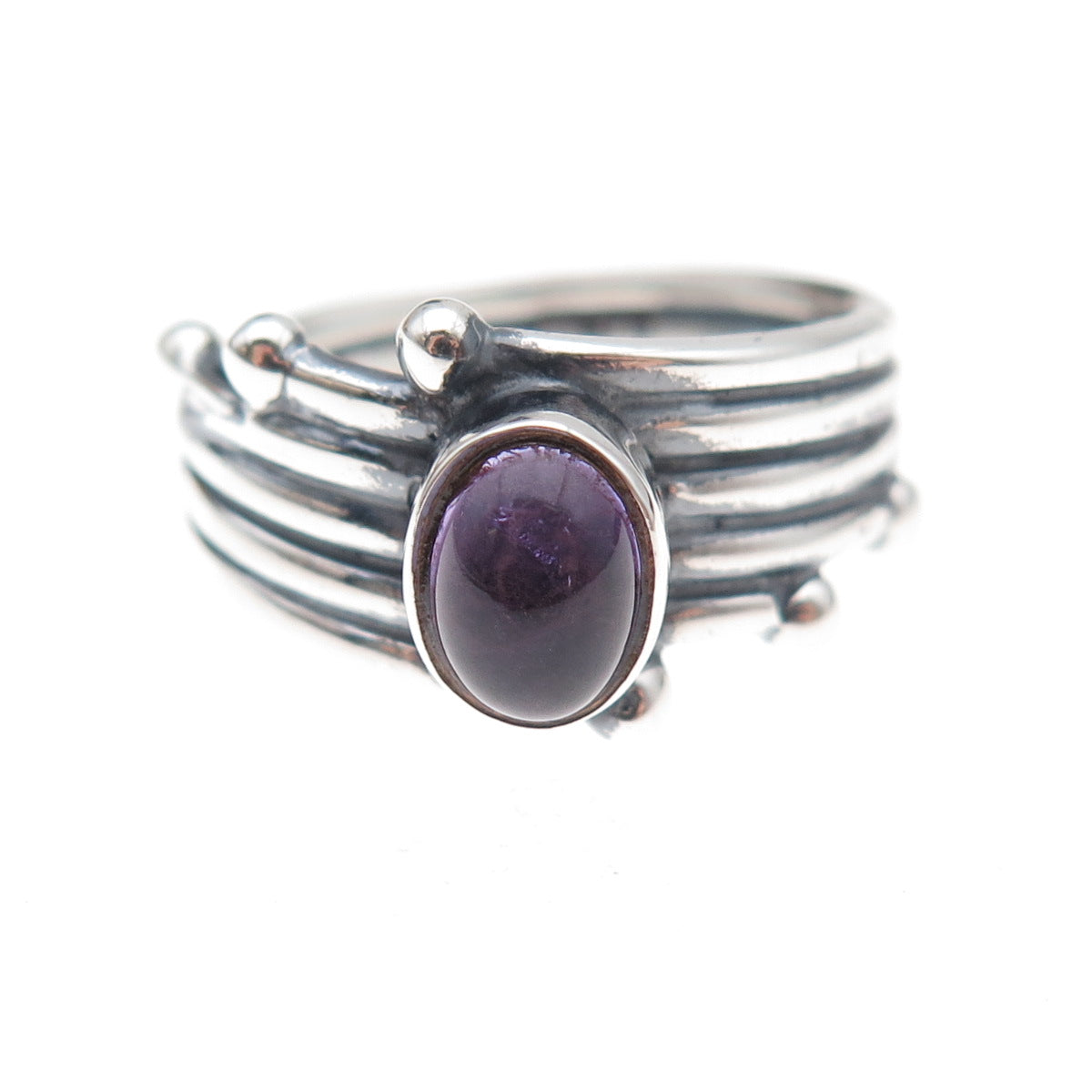 925 Sterling Silver Vintage Real Amethyst Modernist Oxidized Ring Size 8.25