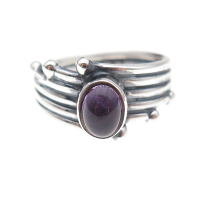 925 Sterling Silver Vintage Real Amethyst Modernist Oxidized Ring Size 8.25