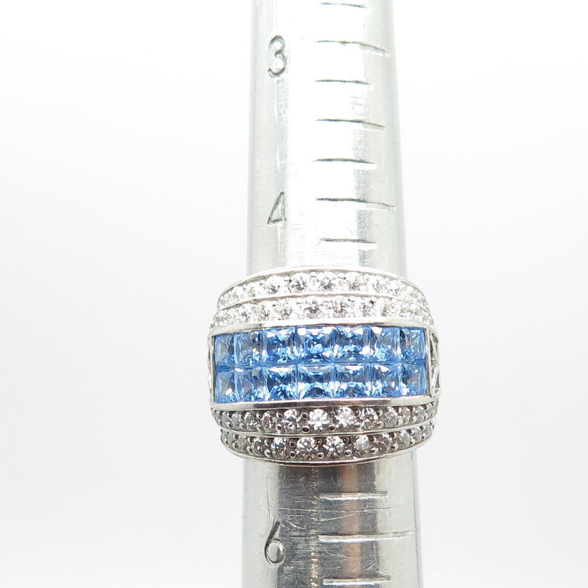925 Sterling Silver White & Blue C Z Invisible Setting Ring Size 5