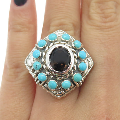 925 Sterling Silver Real Smoky Quartz & Turquoise Gemstone Ethnic Ring Size 6