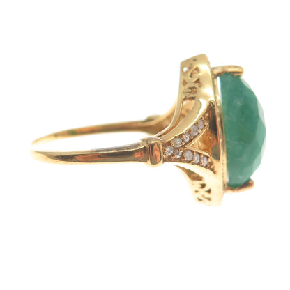 925 Sterling Silver Gold Plated Real Round-Cut Diamond & Emerald Ring Size 7.75