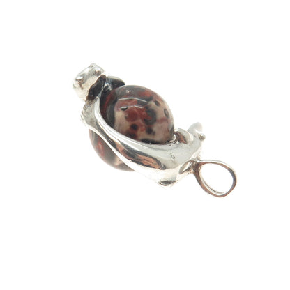 925 Sterling Silver Vintage Real Jasper Dolphins Bypass Ball Charm Pendant