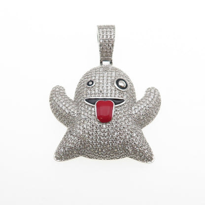 925 Sterling Silver Enamel Round-Cut C Z Ghost Emoji Charm Pendant