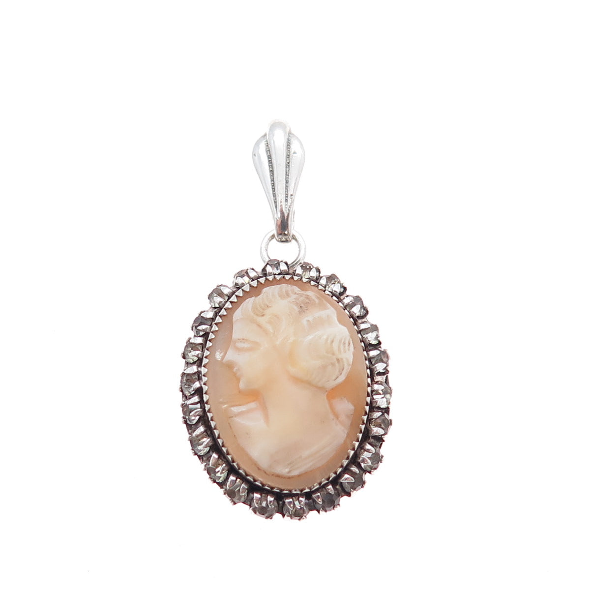 MARTELLI 925 Sterling Silver Vintage Real MOP & Rhinestone Cameo Charm Pendant