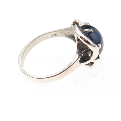 925 Sterling Silver Vintage Real Sapphire Modernist Oxidized Ring Size 7.25