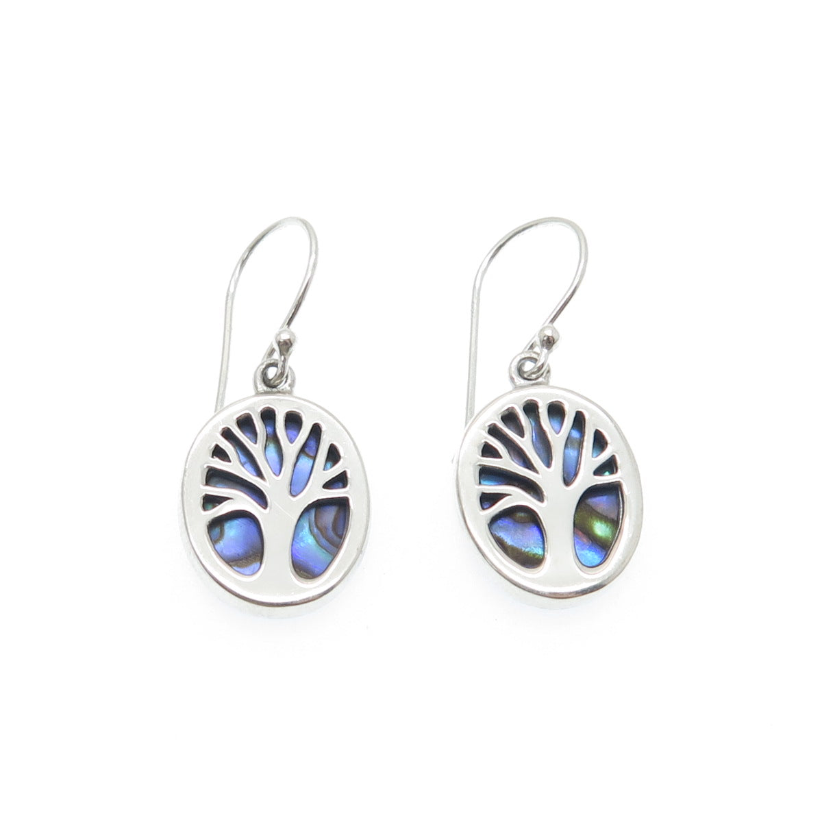 925 Sterling Silver Vintage Real Abalone Shell Tree of Life Dangle Earrings