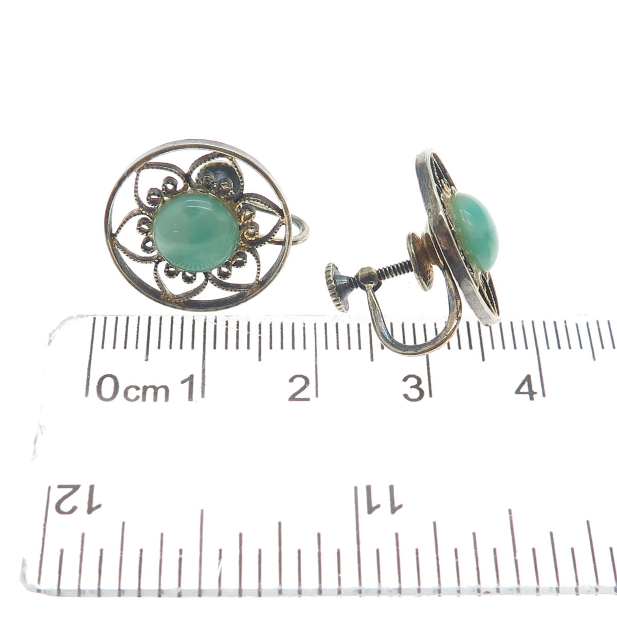 925 Sterling Silver Gold Plated Antique Real Agate Filigree Screw Back Earrings