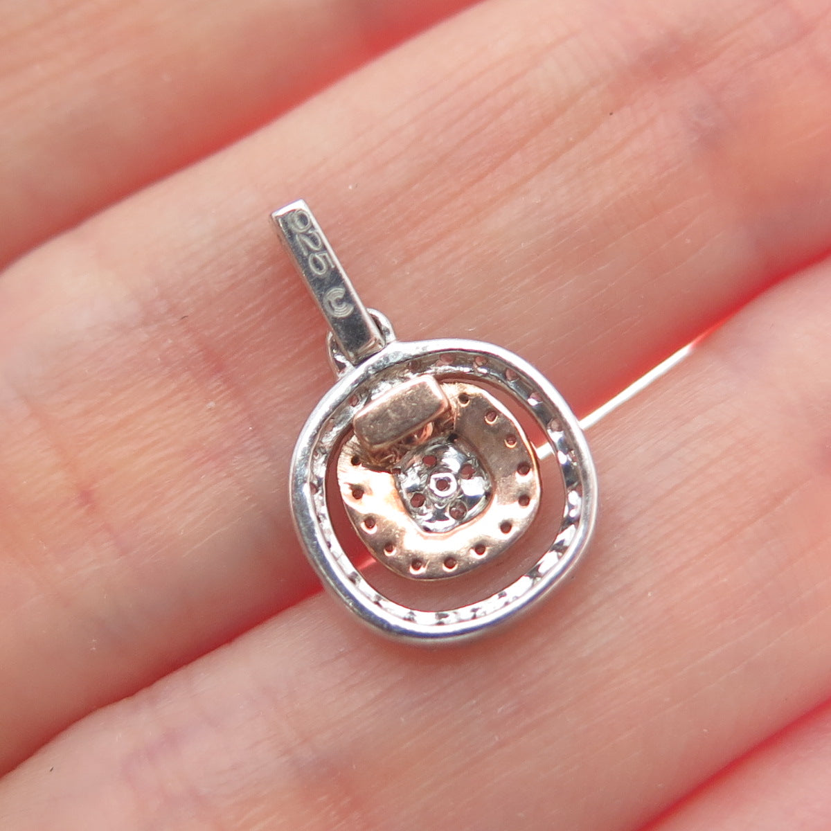 925 Sterling Silver 2-Tone Round-Cut C Z Cushion Minimalist Charm Pendant