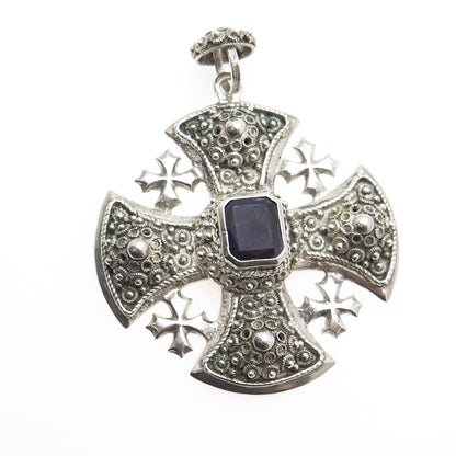 925 Sterling Silver Vintage Lab-Created Sapphire Jerusalem Cross Pendant